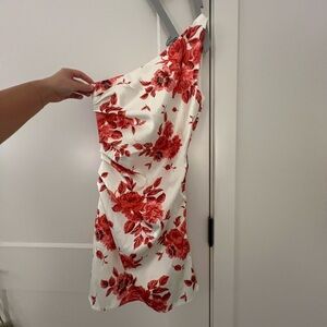 Peppermayo White One-Shoulder Dress with Red Floral Print
